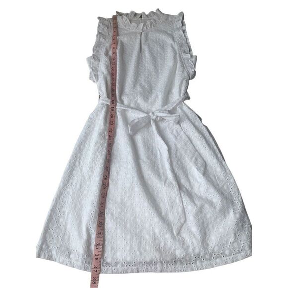 London Times White Eyelet Ruffled Neck and Armhole Mini Dress with Waist Tie - Picture 10 of 12